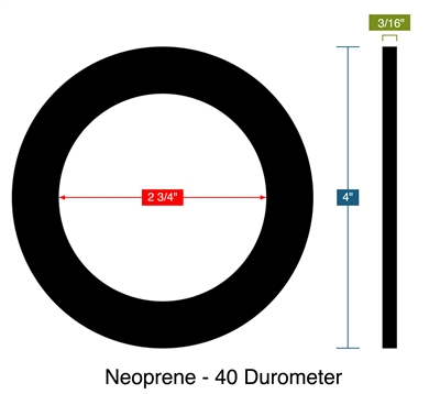 Neoprene - 40 Durometer -  3/16" Thick - Ring Gasket - 2.75" ID - 4" OD