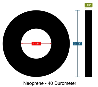 Neoprene - 40 Durometer - Ring Gasket -  1/4" Thick - 1.125" ID - 2.5" OD