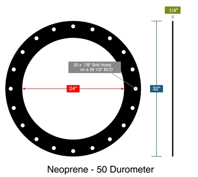 Neoprene - 50 Durometer -  1/4" Thick - Full Face Gasket - 24" ID - 32" OD - 20 x .875" Holes on a 29.5" Bolt Circle Diameter