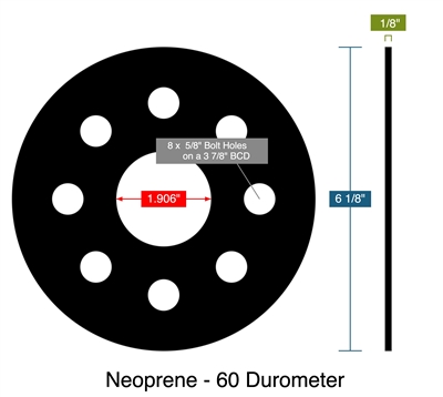 Neoprene - 60 Durometer -  1/8" Thick - Full Face Gasket - 1.906" ID - 6.125" OD - 8 x .625" Holes on a 3.875" Bolt Circle Diameter