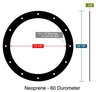 Neoprene - 60 Durometer - Full Face Gasket -  1/8" Thick - 18.125" ID - 22.875" OD - 12 x .50" Holes on a 20.875" Bolt Circle Diameter