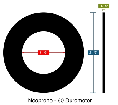 Neoprene - 60 Durometer -  1/16" Thick - Ring Gasket - 1.125" ID - 2.125" OD