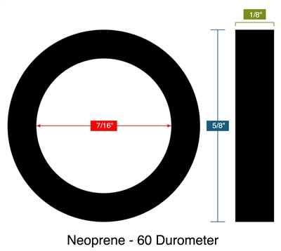 Neoprene - 60 Durometer - Ring Gasket -  1/8" Thick - .4375" ID - .625" OD