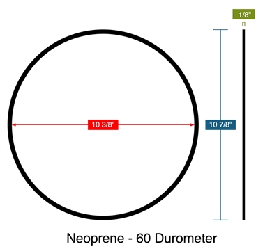 Neoprene - 60 Durometer - Ring Gasket -  1/8" Thick - 10.375" ID - 10.875" OD