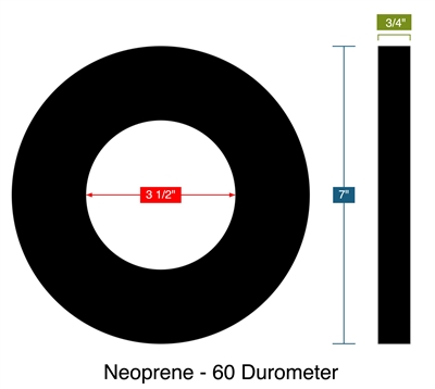 Neoprene - 60 Durometer -  3/4" Thick - Ring Gasket - 3.5" ID - 7" OD