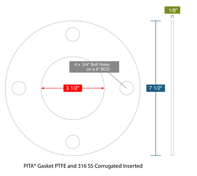 PITAÂ® - Full Face Gasket -  1/8" Thick - 3.5" ID - 7.5" OD - 4 x 0.75" Holes on a 6" Bolt Circle Diameter