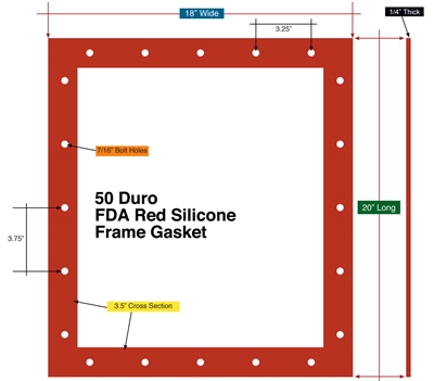 Red Silicone 50 FDA - Custom Frame Gasket - 1/4" x 18" x 20"