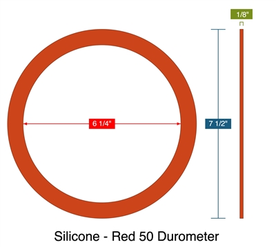 Silicone - Red 50 Durometer -  1/8" Thick - Ring Gasket - 6.25" ID - 7.5" OD
