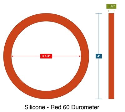 Silicone - Red 60 Durometer -  1/4" Thick - Ring Gasket - 3.25" ID - 4" OD
