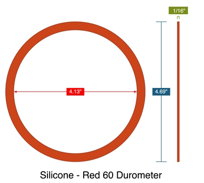 Silicone - Red 60 Durometer -  1/16" Thick - Ring Gasket - 4.13" ID - 4.69" OD