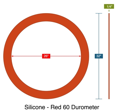 Silicone - Red 60 Durometer -  1/4" Thick - Ring Gasket - 26" ID - 32" OD