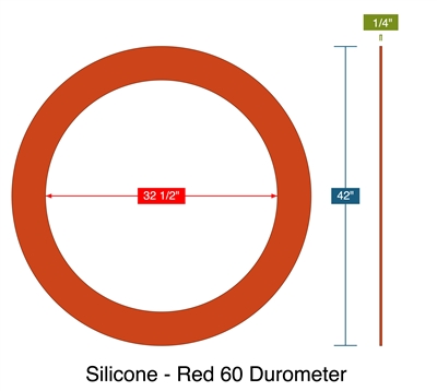 Silicone - Red 60 Durometer -  1/4" Thick - Ring Gasket - 32.5" ID - 42" OD