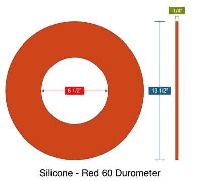 Silicone - Red 60 Durometer -  1/4" Thick - Ring Gasket - 6.5" ID - 13.5" OD