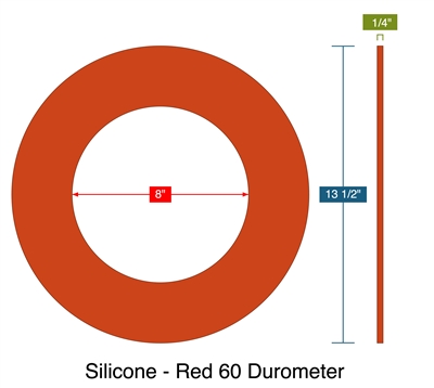 Silicone - Red 60 Durometer -  1/4" Thick - Ring Gasket - 8" ID - 13.5" OD