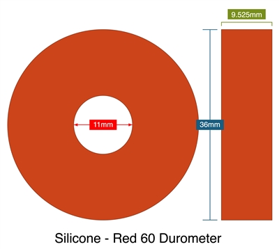 Silicone - Red 60 Durometer - 9.52mm Thick - Ring Gasket - 11mm ID - 36mm OD