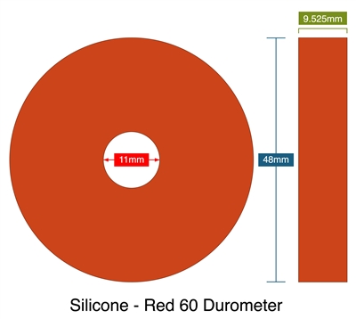 Silicone - Red 60 Durometer - 9.52mm Thick - Ring Gasket - 11mm ID - 48mm OD