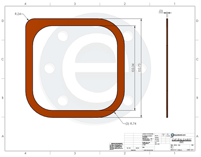 Silicone - 70 Durometer -  1/32" Thick - Square Cup Seal Gasket - 2.34" - 2.73" Per Drawing