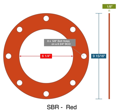 Red SBR Rubber Full Face Gasket - 1/8" Thick - 6 1/4" ID - 9 15/16" OD