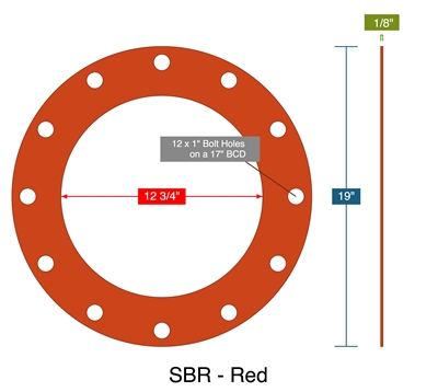 SBR - Red -  1/8" Thick - Full Face Gasket - 150 Lb. - 12"