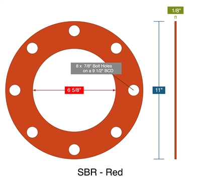 SBR - Red -  1/8" Thick - Full Face Gasket - 150 Lb. - 6"