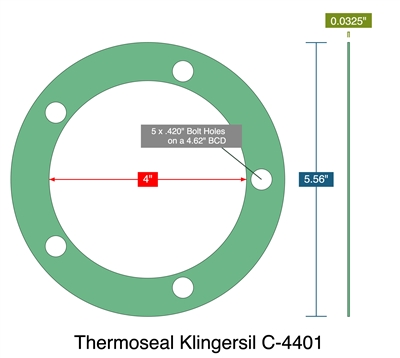 Thermoseal Klingersil C-4401 - Full Face Gasket - 0.0325" Thick - 4" ID - 5.56" OD - 5 x .420" Holes on a 4.62" Bolt Circle Diameter