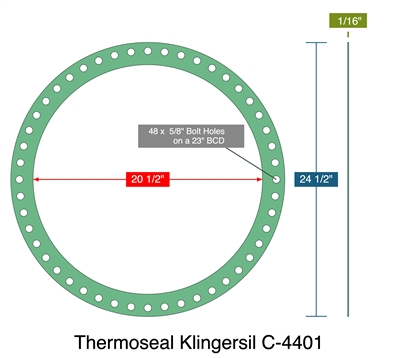 Thermoseal Klingersil C-4401 -  1/16" Thick - Full Face Gasket - 20.5" ID - 24.5" OD - 48 x .625" Holes on a 23" Bolt Circle Diameter