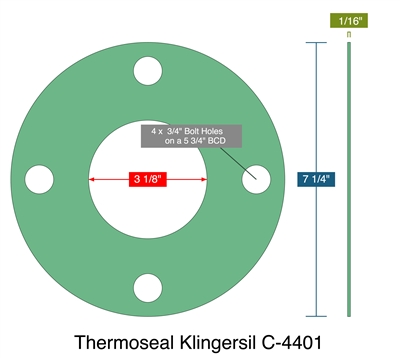 Thermoseal Klingersil C-4401 -  1/16" Thick - Full Face Gasket - 3.125" ID - 7.25" OD - 4 x .75" Holes on a 5.75" Bolt Circle Diameter