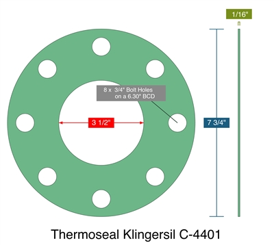 Thermoseal Klingersil C-4401 - Custom Full Face Gasket -  1/16" Thick - 3.5" ID - 7.75" OD - 8 x .75" Holes on a 6.30" Bolt Circle Diameter