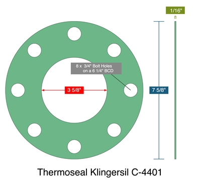 Thermoseal Klingersil C-4401 -  1/16" Thick - Full Face Gasket - 3.625" ID - 7.625" OD - 8 x 0.75" Holes on a 6.25" Bolt Circle Diameter