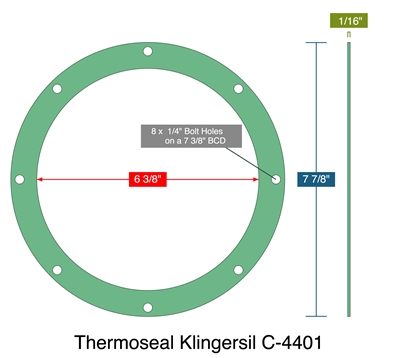 Thermoseal Klingersil C-4401 - Full Face Gasket -  1/16" Thick - 6.375" ID - 7.875" OD - 8 x .25" Holes on a 7.375" Bolt Circle Diameter