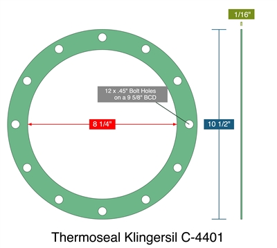 Thermoseal Klingersil C-4401 -  1/16" Thick - Full Face Gasket - 8.25" ID - 10.5" OD - 12 x .45" Holes on a 9.625" Bolt Circle Diameter