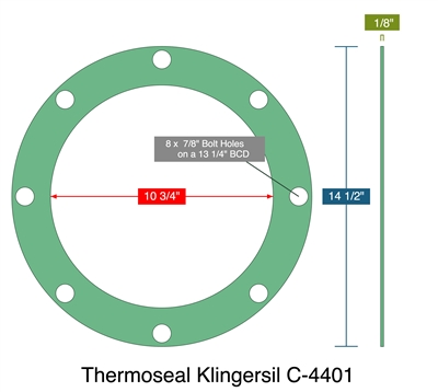 Thermoseal Klingersil C-4401 -  1/8" Thick - Full Face Gasket - 10.75" ID - 14.5" OD - 8 x .875" Holes on a 13.25" Bolt Circle Diameter