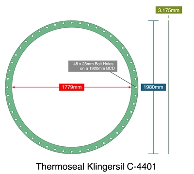Thermoseal Klingersil C-4401 - 3.18mm Thick - Full Face Gasket - 1779mm ID - 1980mm OD - 48 x 28mm Holes on a 1920mm Bolt Circle Diameter - 3 pc Dovetail Segmented Gasket