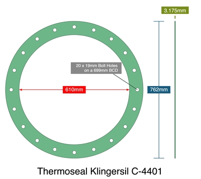 Thermoseal Klingersil C-4401 - 3.18mm Thick - Full Face Gasket - 610mm ID - 762mm OD - 20 x 19mm Holes on a 699mm Bolt Circle Diameter