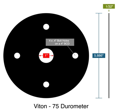 Viton - 75 Durometer -  1/32" Thick - Full Face Gasket - 1" ID - 5.886" OD - 4 x .4" Holes on a 4" Bolt Circle Diameter