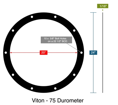Viton - 75 Durometer -  1/16" Thick - Full Face Gasket - 20" ID - 24" OD - 10 x .625" Holes on a 22.5" Bolt Circle Diameter