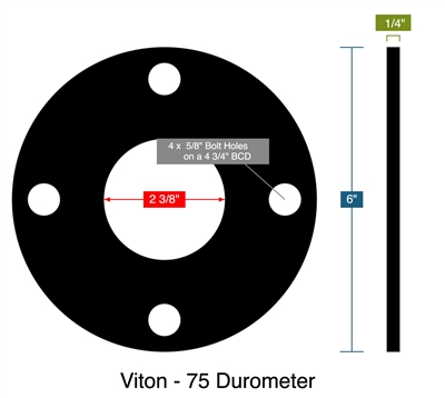 Viton - 75 Durometer - Full Face Gasket -  1/4" Thick - 2.375" ID - 6" OD - 4 x 0.625" Holes on a 4.75" Bolt Circle Diameter