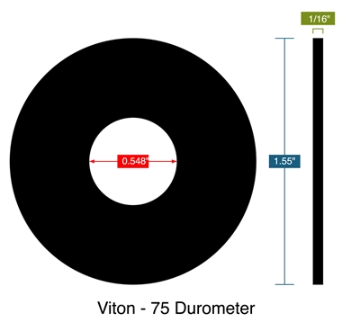 Viton - 75 Durometer -  1/16" Thick - Ring Gasket - .548" ID - 1.55" OD