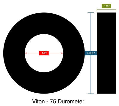 Viton - 75 Durometer -  1/4" Thick - Ring Gasket - .50" ID - 1.062" OD