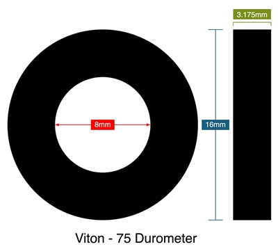 Viton - 75 Durometer - 3.18mm Thick - Ring Gasket - 8mm ID - 16mm OD