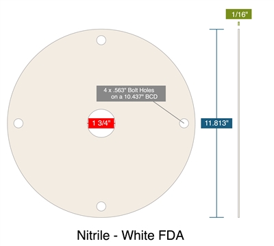 Nitrile - White FDA - Full Face Gasket -  1/16" Thick - 1.75" ID - 11.813" OD - 4 x .563" Holes on a 10.437" Diameter Bolt Circle