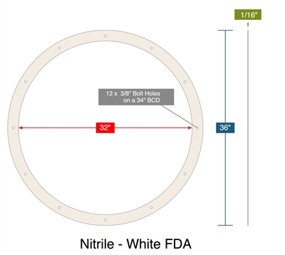 Nitrile - White FDA -  1/16" Thick - Full Face Gasket - 32" ID - 36" OD - 12 x .375" Holes on a 34" Bolt Circle Diameter