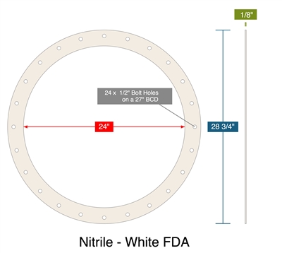 Nitrile - White FDA - Full Face Gasket -  1/8" Thick - 24" ID - 28.75" OD - 24 x .5" Holes on a 27" Bolt Circle Diameter