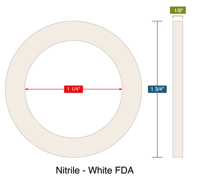 Nitrile - White FDA -  1/8" Thick - Ring Gasket - 1.25" ID - 1.75" OD