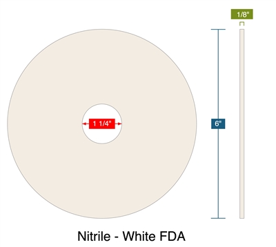 Nitrile - White FDA - Ring Gasket -  1/8" Thick - 1.25" ID - 6" OD