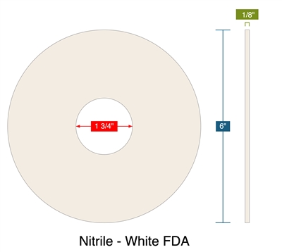 Nitrile - White FDA - Ring Gasket -  1/8" Thick - 1.75" ID - 6" OD