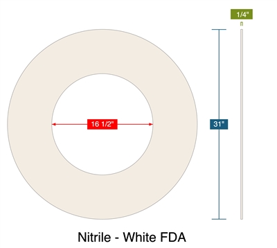 Nitrile - White FDA - Ring Gasket -  1/4" Thick - 16.5" ID - 31" OD