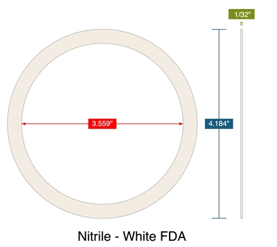 Nitrile - White FDA -  PSA One side -  1/32" Thick - Ring Gasket - 3.559" ID - 4.184" OD