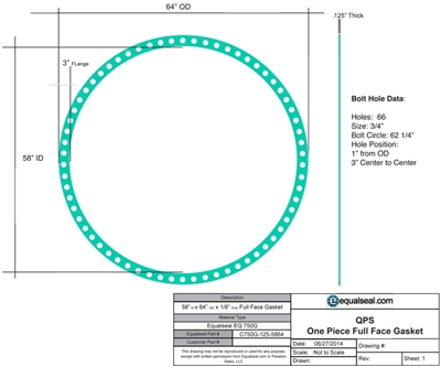 EQ 750G N/A NBR Full Face Gasket - 1/8" Th x 58"ID x 64"OD