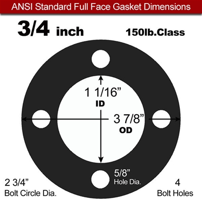 60 Duro EPDM Full Face Gasket - 150 Lb. - 1/16" Thick - 3/4" Pipe